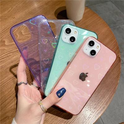 Moda degrade lazer iphone için kılıf 15 14 13 11 12 Pro Max Mini X XS XR 7 8 artı SE 2020 şeffaf yumuşak silikon kapak ile sevgilisi kalp