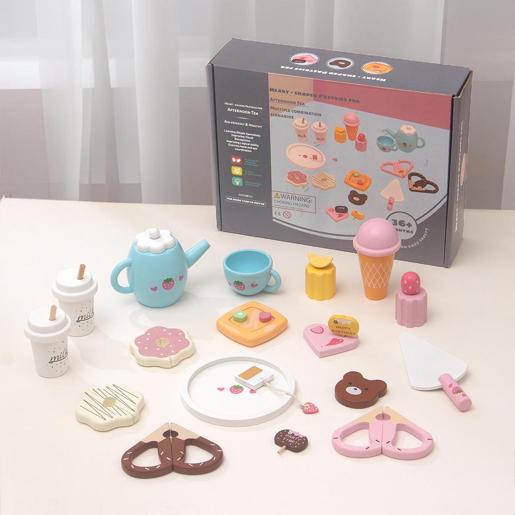 Wooden Afternoon Tea & Dessert Set for Kids - Cake, Cheese, Cookie, Coffee Toy