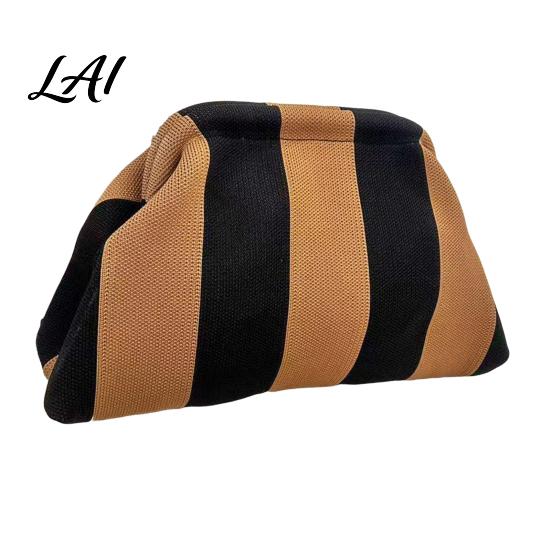 Portable Toiletry Bag Woven Striped Clutch Purse for Woman Large Capacity Cosmetic Pouch Knit Dumpling Bag Kiss Lock Handbag Evening Party Storage