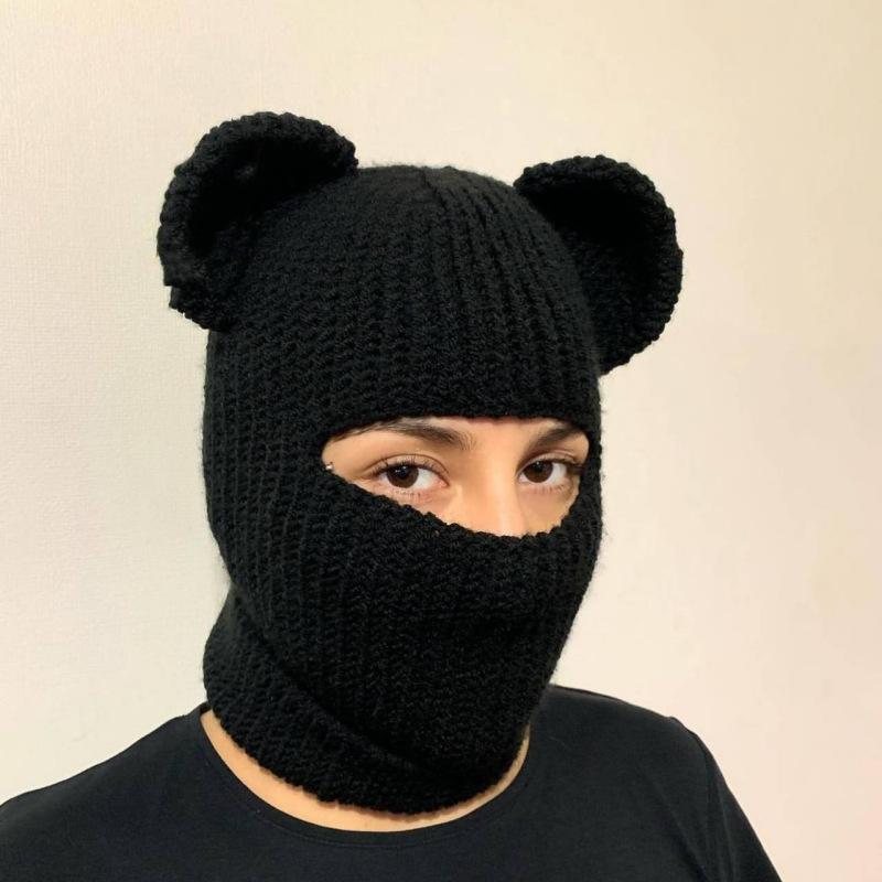 

Полностью ручная вязка, однотонная маска для лица с кошачьими ушками, капюшон и шапочка в одном