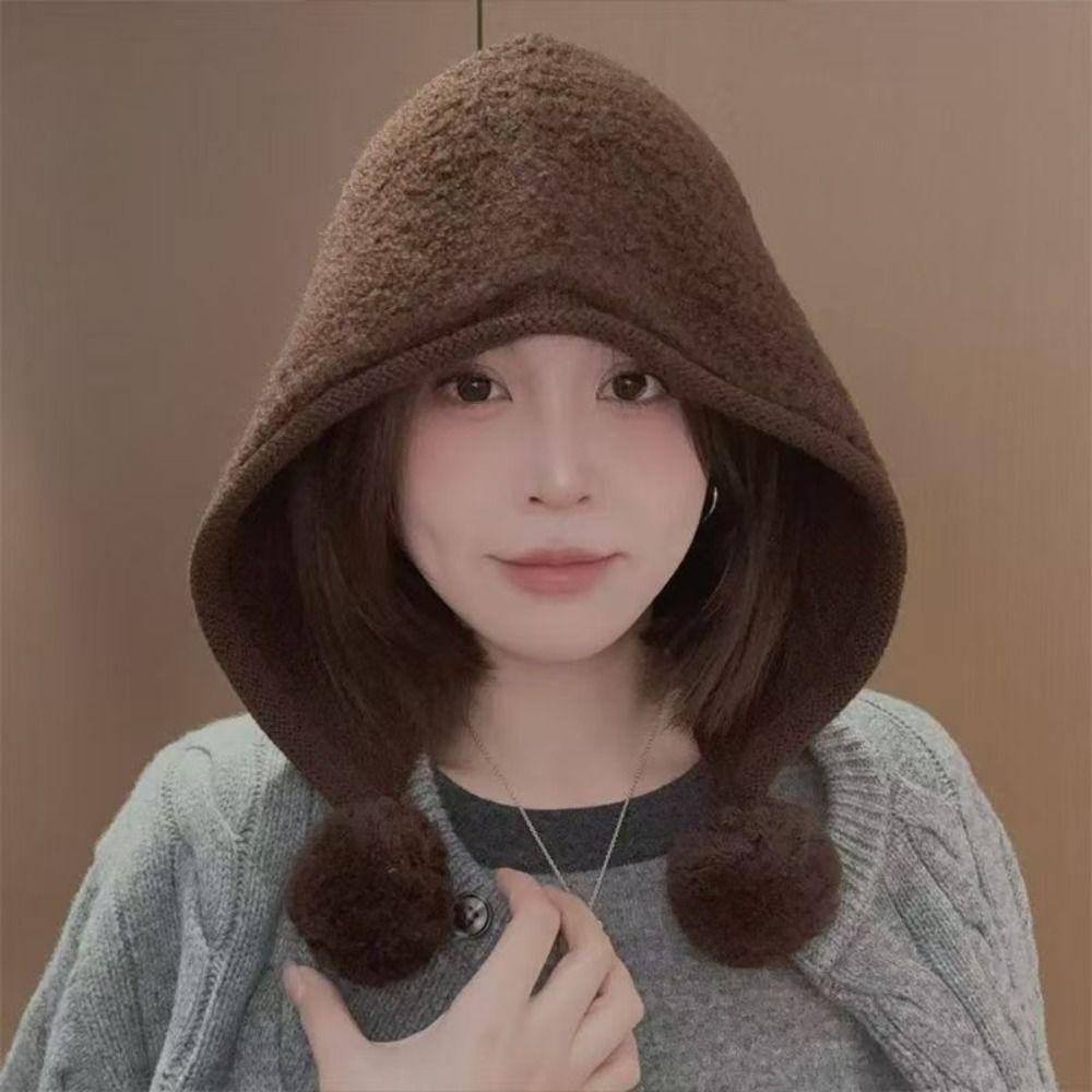 Keep Warm Pom Pom Hat Plush Neck-protection Integrated Cap Warm Ear Protection Cap Daily Outfits