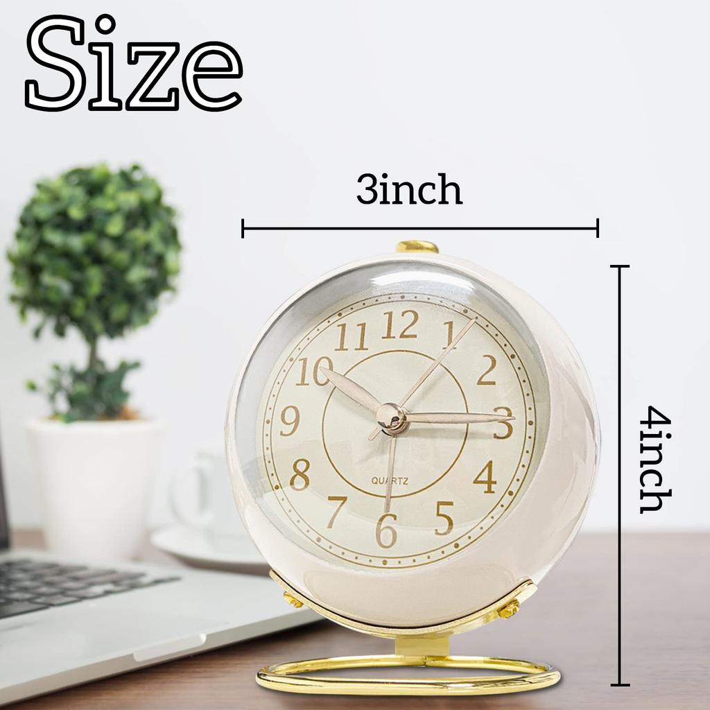 JUSTUP Mini Table Clock, Classic Silent, No Tick-a-Mouth, Analog Alarm Clock, Backlit, HD Glass, for Bedroom, Living Room, Kitchen, Home Decor (White)