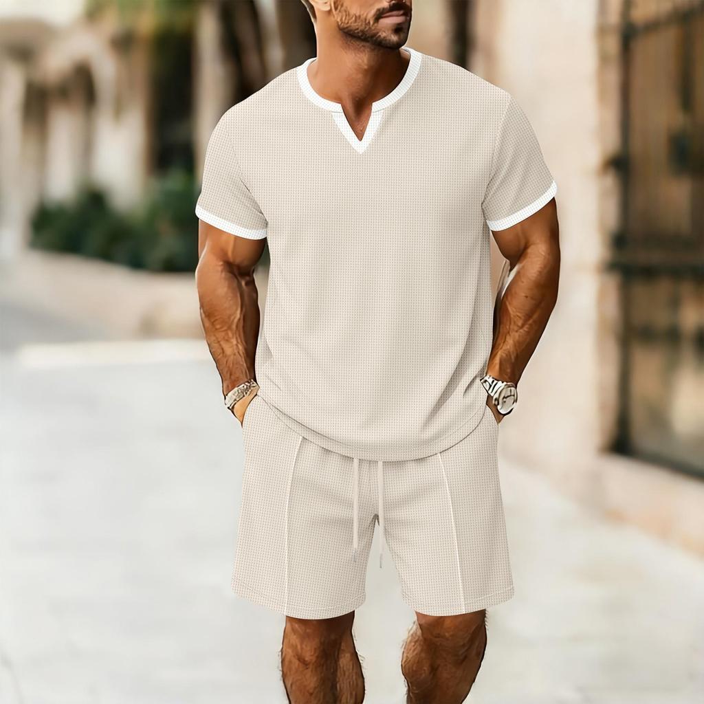 Men's V-Neck Solid Color Waffle Short Sleeve T-shirt & Shorts Set – Breathable, Loose Fit.