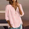 Women’s Casual Plaid Print Henley Shirt Cotton Linen Three Quarter Sleeve V Neck Button Front Loose Fit Top