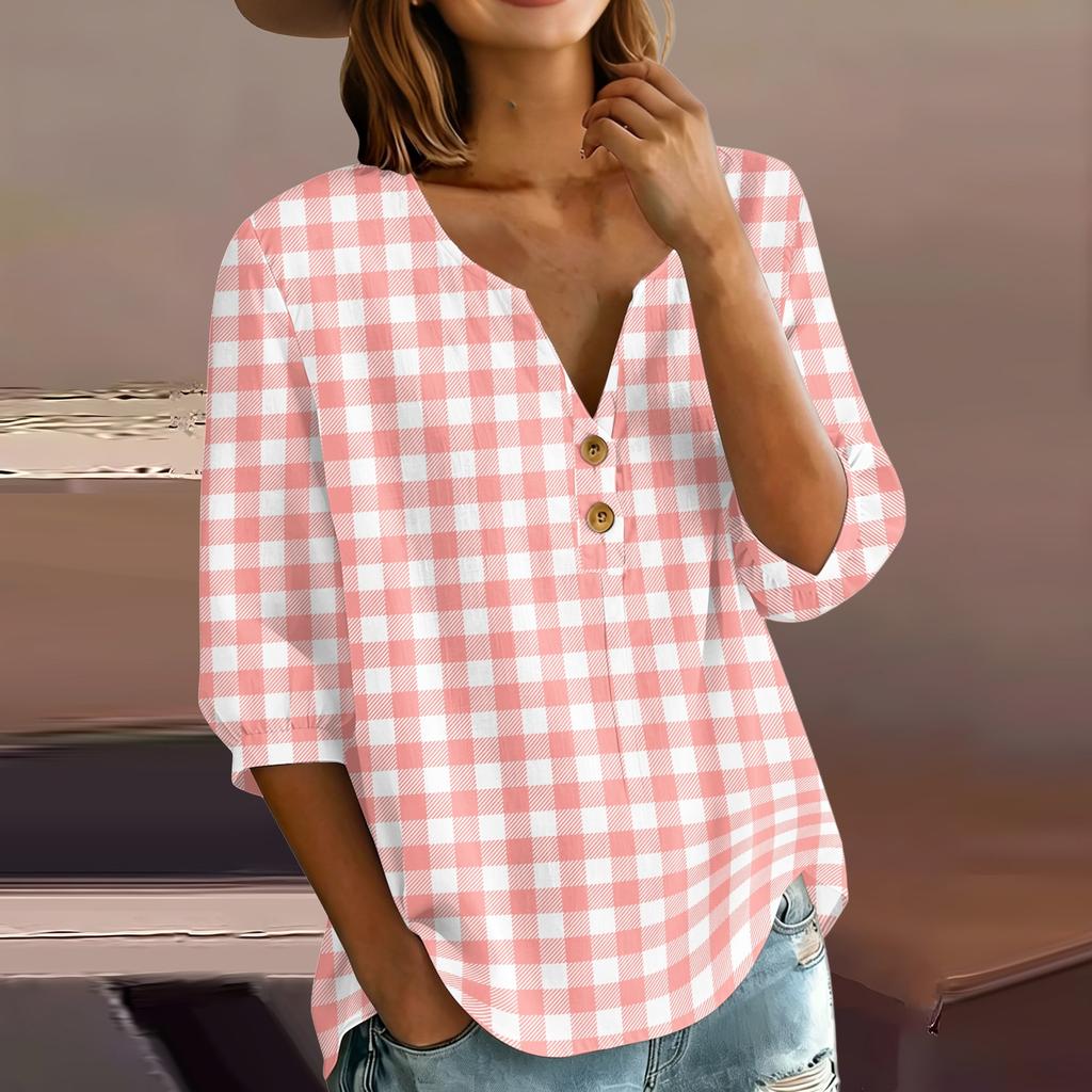 Women’s Casual Plaid Print Henley Shirt Cotton Linen Three Quarter Sleeve V Neck Button Front Loose Fit Top