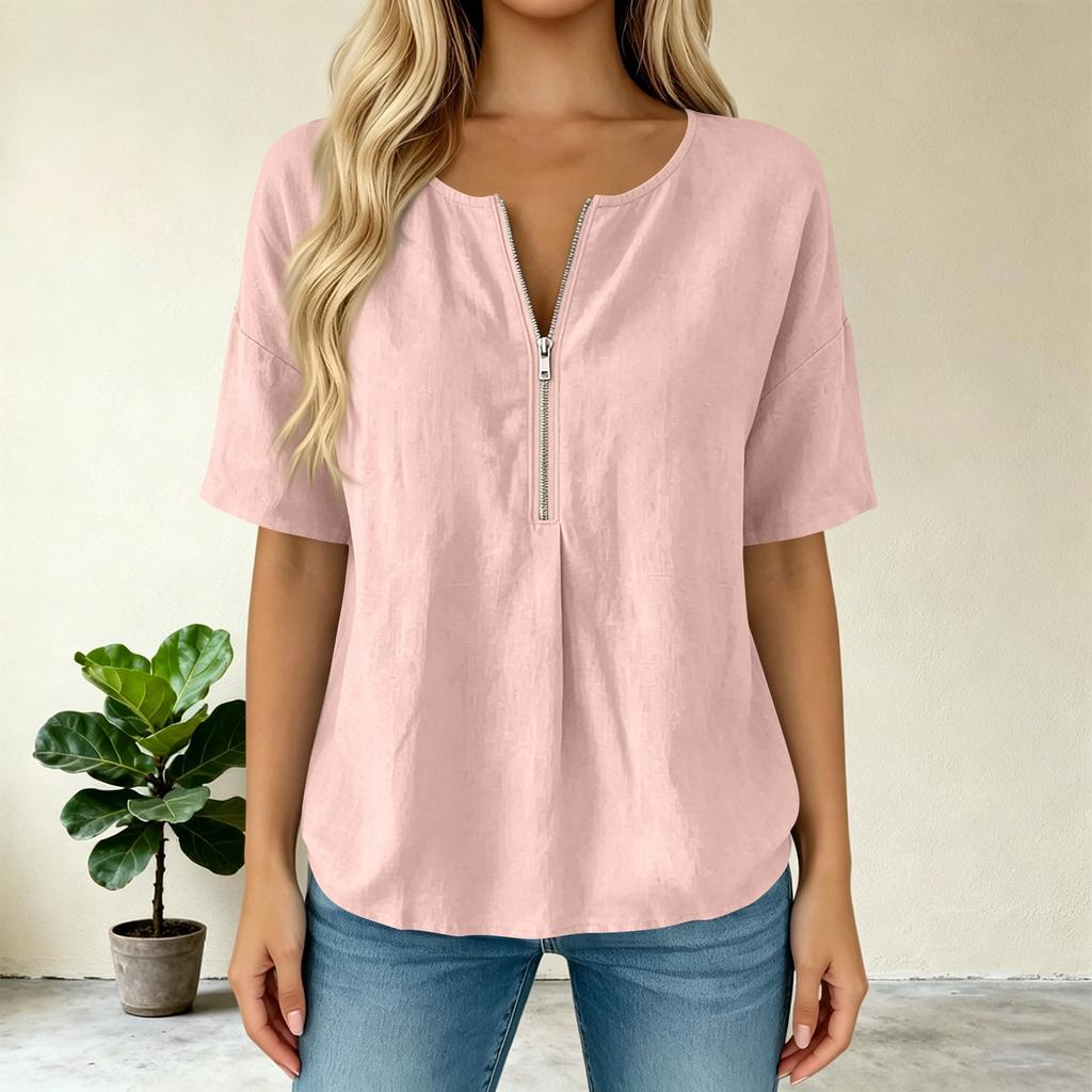 Women’s Fashion Solid Pullover Top with Round Zip Neck Relaxed Fit Short Sleeve Blouse for Casual and Daily Wear