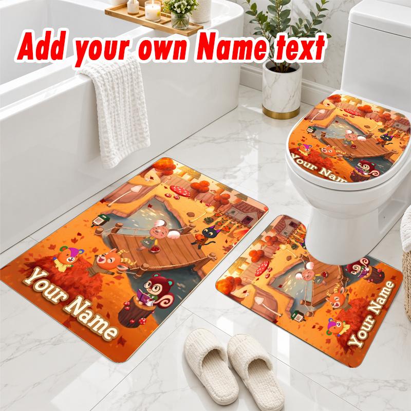 Personalized Animal Crossing 3Pcs Flannel Toilet Mat Set Custom Text Bathroom Rug Non Slip