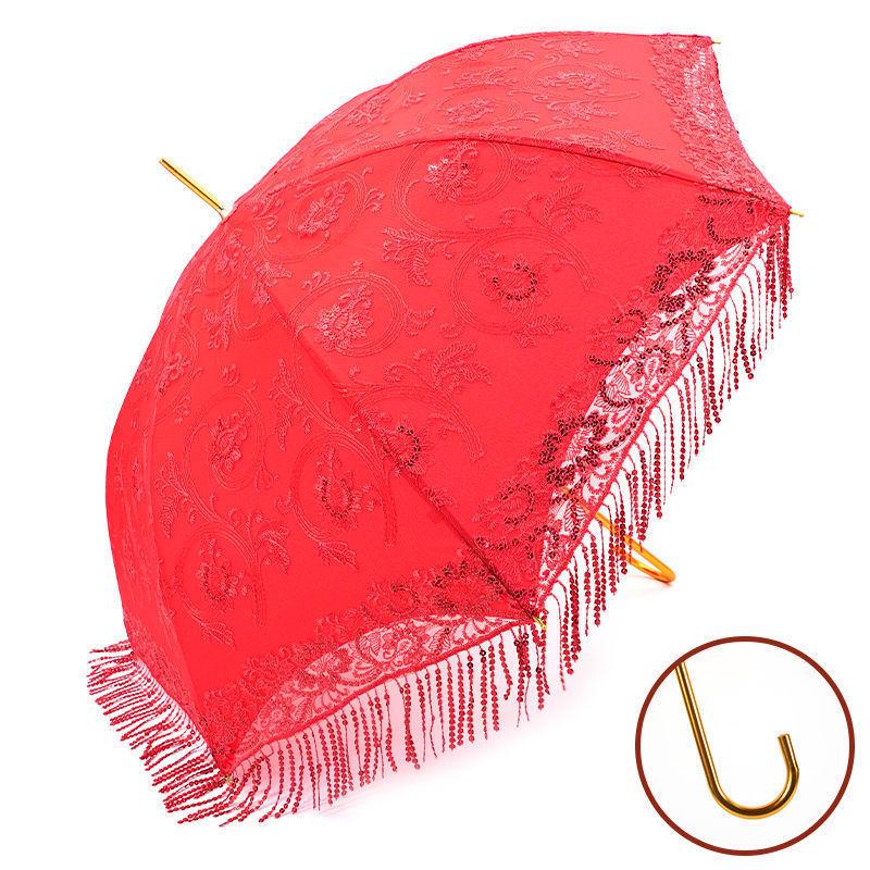 Eleganter roter Brautschirm mit gestickter Spitzkante und langem Griff für Hochzeiten
