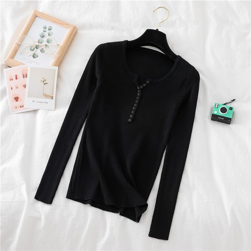 

Вязаная базовая рубашка женская осенняя внутренняя кофта новая милая облегающая с длинным рукавом черные колготки One Size чёрный