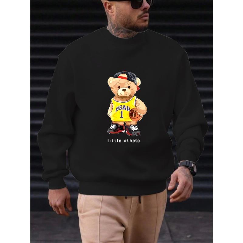 Men's Little Bear Athlete Pattern Casual Round Neck Sweatshirt, Soft Comfortable Trendy, Plus Size.
