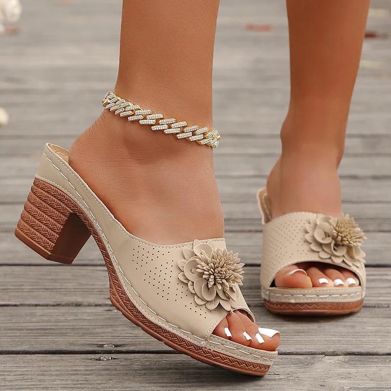 Fashion Flower Decor Roman Sandals for Women Peep Toe Chunky High Heel Slippers Woman Lightweight Slip On Summer Sandalias De Mujer 2025