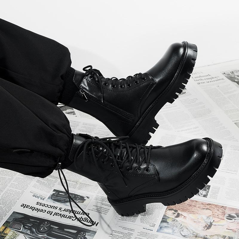 Martin Boots Men's Black High-top Leather Shoes 2 New Medium-top Locomotive Boots Boys Heightening Leather Boots