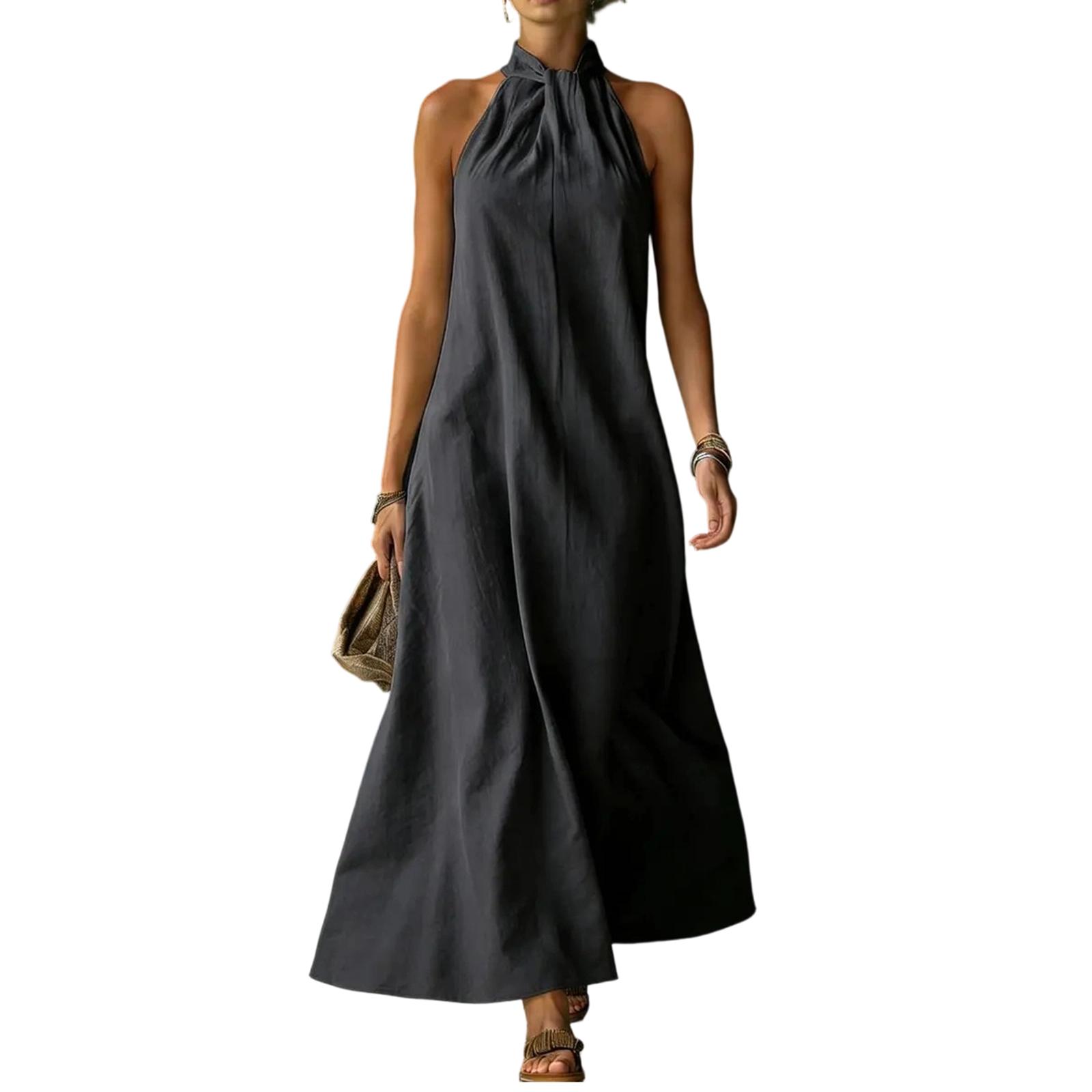 

Women Summer Beach Casual Off Shoulder Sleeveless Cross Style Maxi Dress Lightweight Loose Fit Long Dress for Outdoor L чёрный