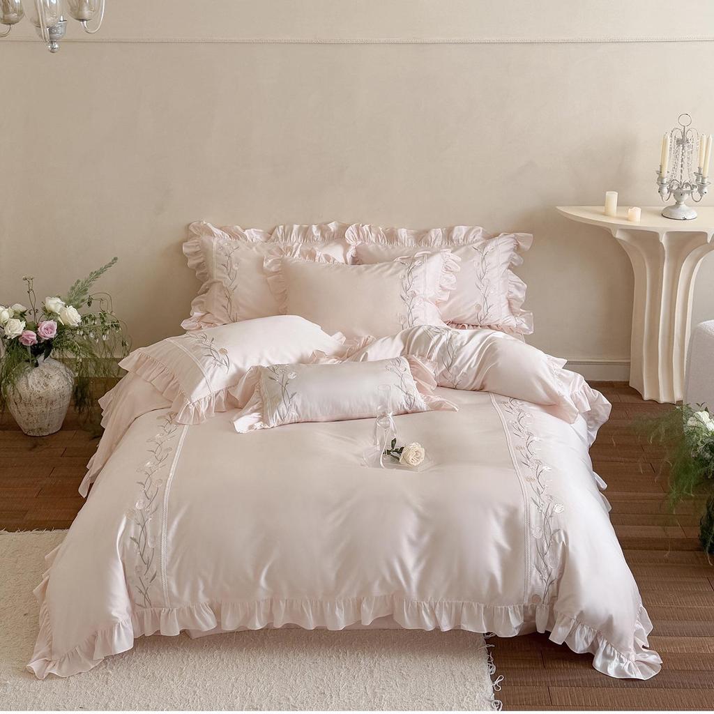 French Light Luxury Tencel Cotton Embroidered Princess Style Bedding - Four-Piece Set, Silk Smooth, All-Season Comfort.