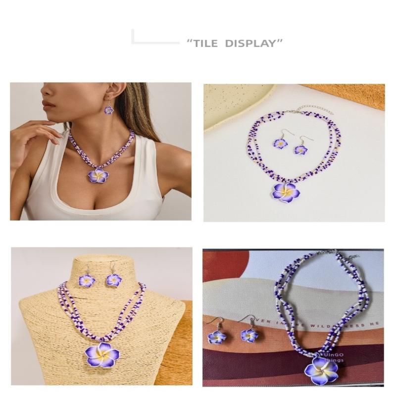 Polymer Clay Flowerwomen Jewelry Set Cute  Seaside Beach Colorful Flower Earrings Girls Sweet Beaded Chain Necklace Girl
