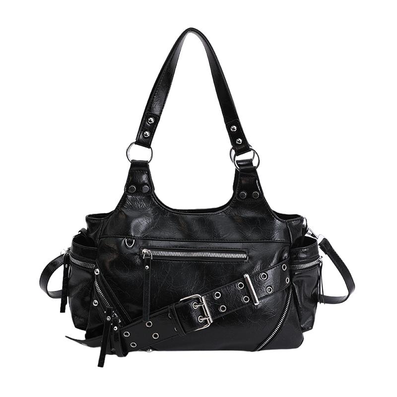 Spring Multi Zipper Large Capacity Shoulder Bag for Women 2026 Simple Motorcycle Style Underarm Bag Rivet Retro Commuter Bag
