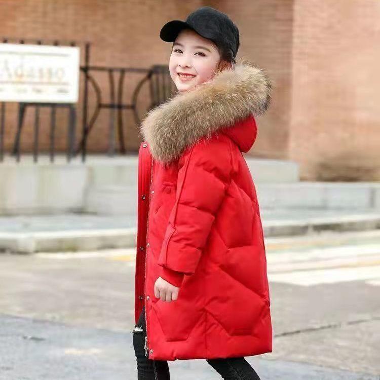

Зимняя теплая куртка-пуховик для девочек 3-14 лет, длинный большой меховой воротник, съемная шапка, куртка с капюшоном 140 красный