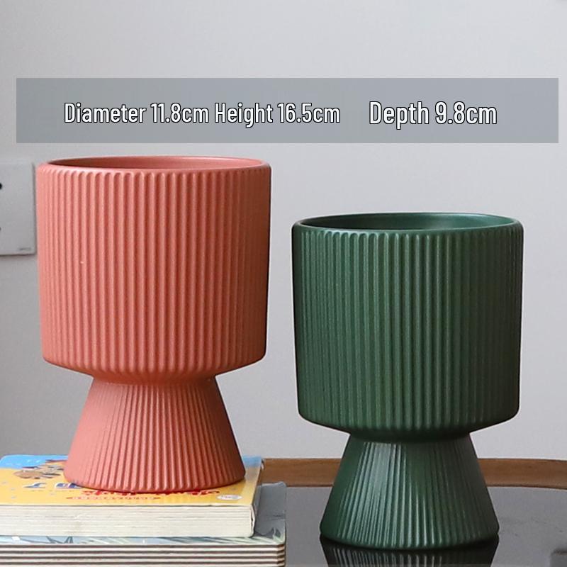 Nordic Ceramic Flower Pot with Tray - High-Footed Vertical Stripes for Indoor/ Balcony, Ideal for Pothos and Orchids.