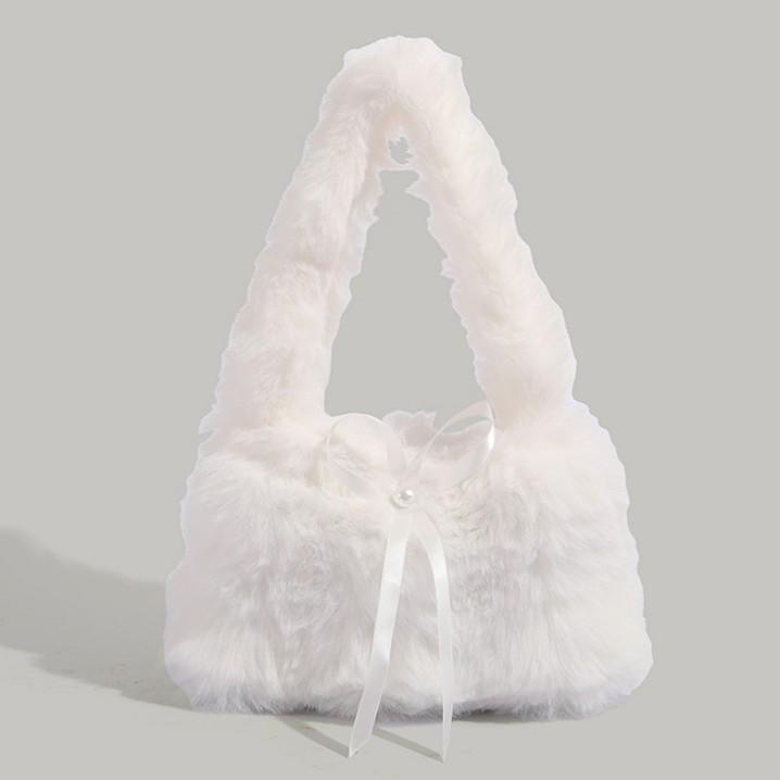 

2025 autumn and winter new plush handbag women s snow-white bow pearl bag fashionable foreign versatile underarm bag белый