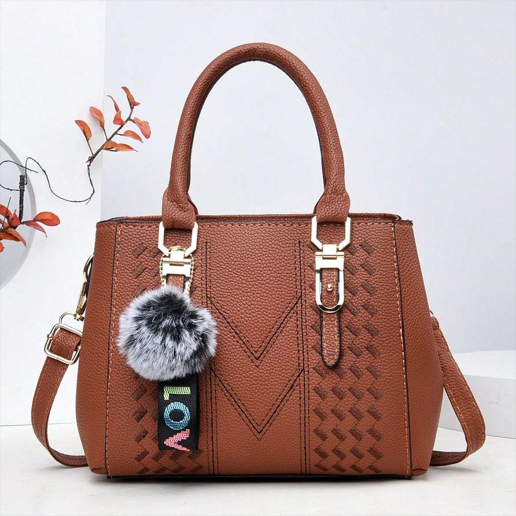 Women's Minimalist Pompom Pendant Shoulder Bag - Large Capacity Crossbody Handbag