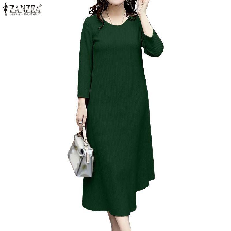 ZANZEA Women Casual Round Neck Solid Color 3/4 Sleeve Dress