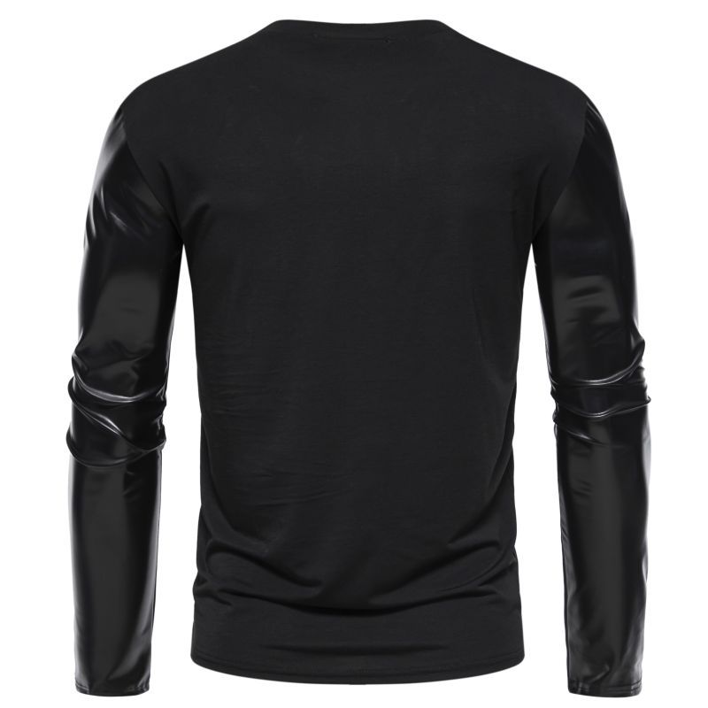 Men Plus Size Round Neck Patchwork Leather Sleeve Loose Casual Long Sleeve T Shirt