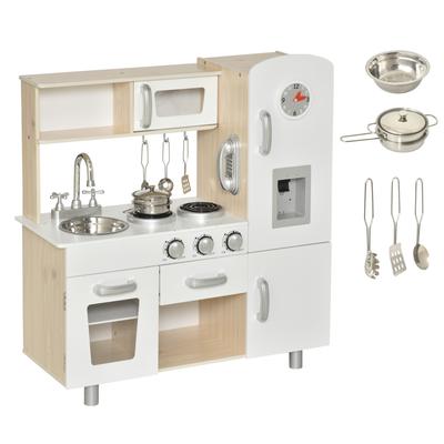 Houten Speelgoedkeuken met Spoelbak, Gesimuleerd Inductiefornuis en Magnetron met Meegeleverde Accessoires, Kinderkeuken voor Leeftijden 3+, 74x30x81 cm, Wit
