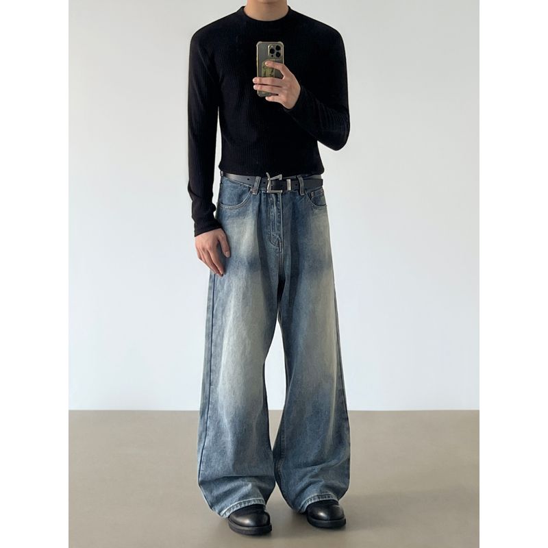 Blaexit American-Style Cleanfit Washed Light Blue A-Line Wide-Leg Jeans for Men, Straight-Leg Slightly Flared Vibe Pants