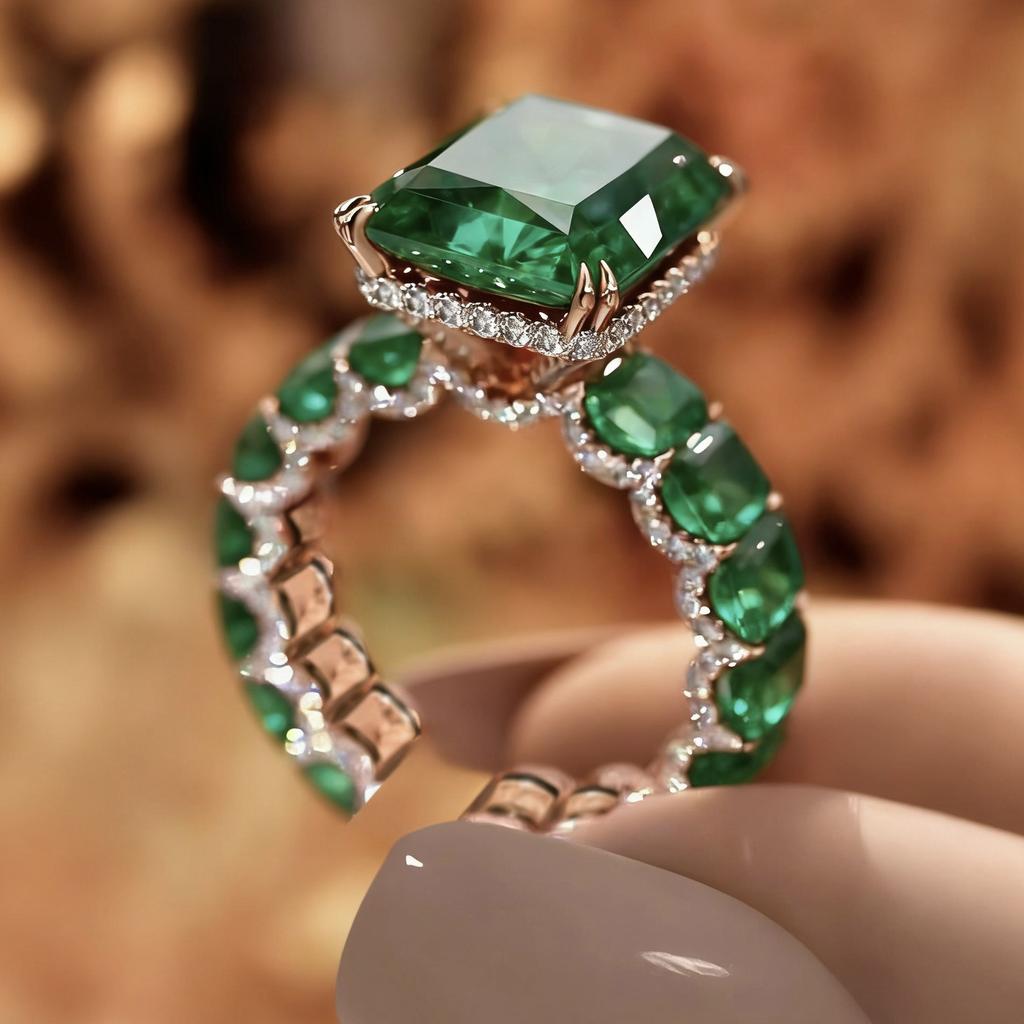 Luxury new full diamond rose gold ring with emerald women's open diamond ring ring