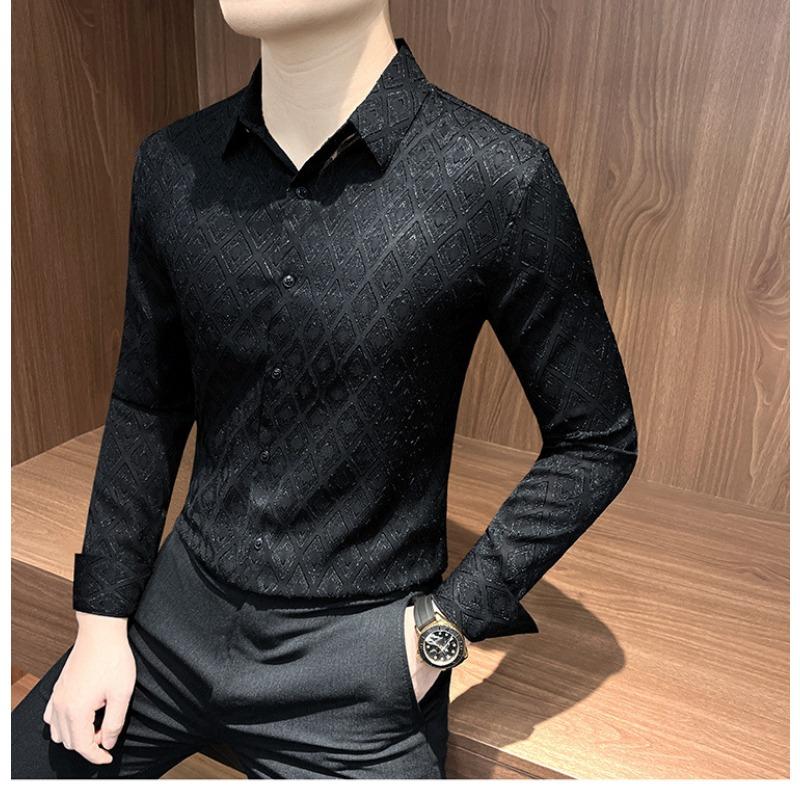 

Men s Diamond Jacquard Long Sleeve Button Down Shirt Casual Formal Top S чёрный