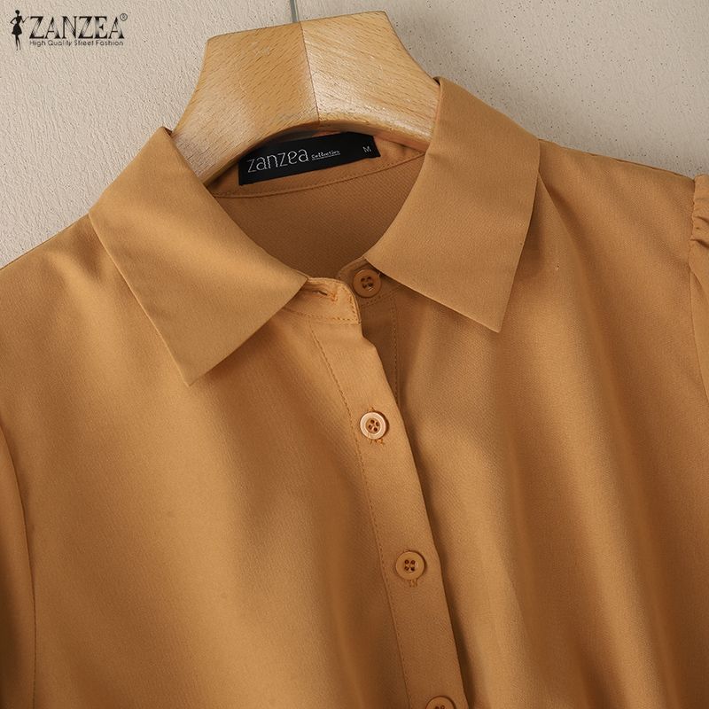 ZANZEA Women Casual Turn Down Collar Solid Color Long Sleeve Blouse