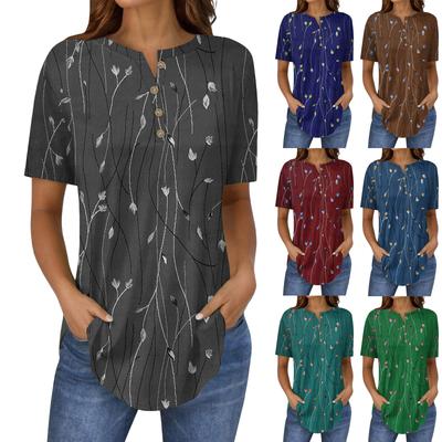 Camisetas de manga corta para mujer, camisetas de verano con estampado floral, cuello en V, camisetas básicas informales, camisetas con botones, camisetas tipo túnica