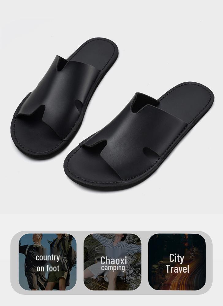 Men's Large Genuine Leather Flip-Flops: Breathable Cowhide Soft Sole Beach Slippers