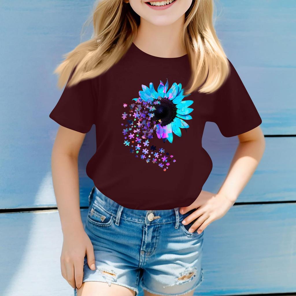 Children's Round Neck Casual Floral Small Print Short Sleeve T-shirt Top