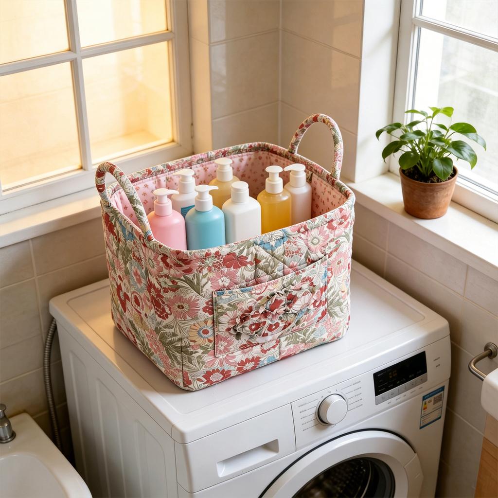 Quilted Laundry Basket with Easy Carry Handles Fabric Storage Basket Quilted Storage Basket for Home Picnic Shopping Travel