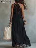 Abito Lungo Nero con Patchwork di Pizzo e Spalline Sottili Stile Vacanza Ampio Abito Maxi