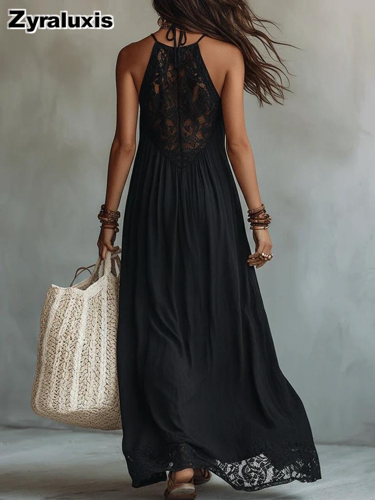 Abito Lungo Nero con Patchwork di Pizzo e Spalline Sottili Stile Vacanza Ampio Abito Maxi