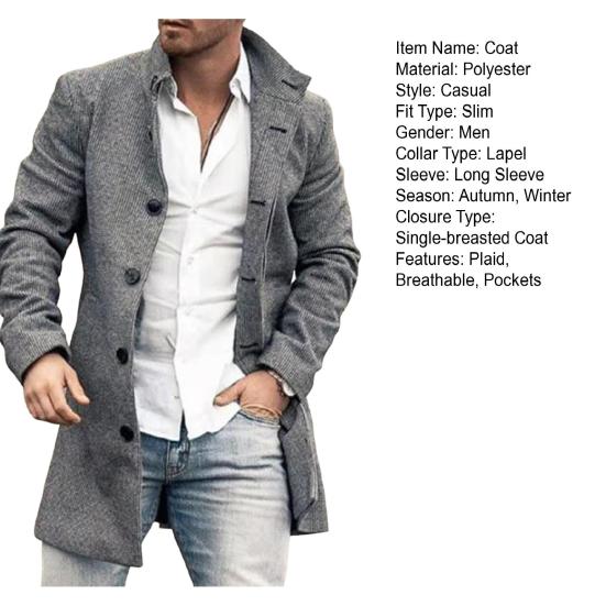 Men Overcoat Plaid Single-breasted Turndown Collar Long Sleeves Slim Mid-length Jacket Coat Streetwear