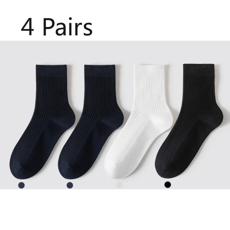 4 Pairs of Men's Spring and Summer Mid-calf Socks, Vertical Anti-pilling Breathable Cotton Socks, Deodorizing and Sweat-absorbing Long Calf Socks