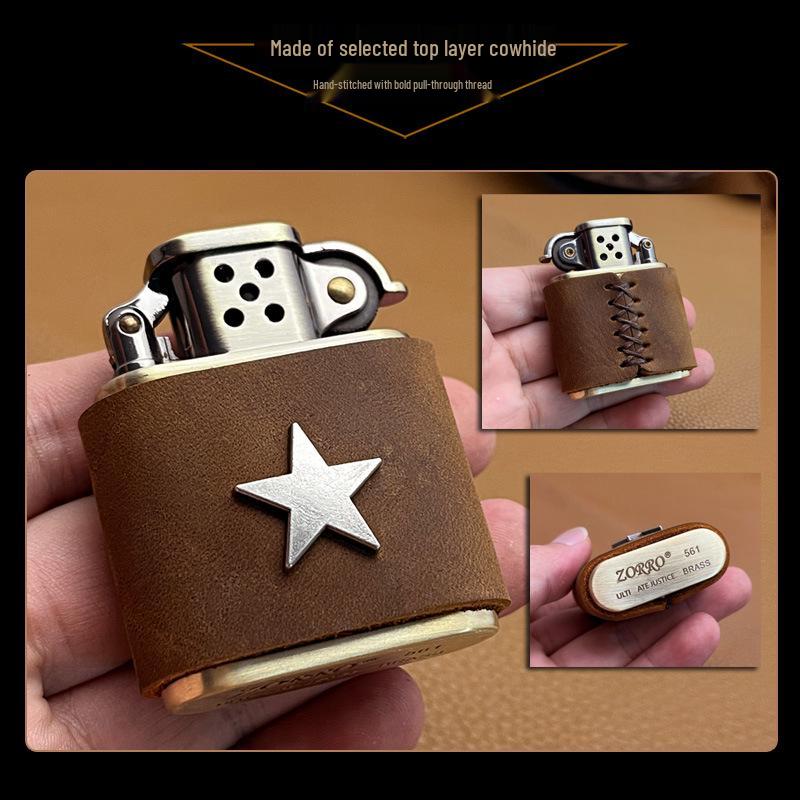 Zorro 506 Antique Silver Star Leather Brass Kerosene Lighter - Handmade Gift