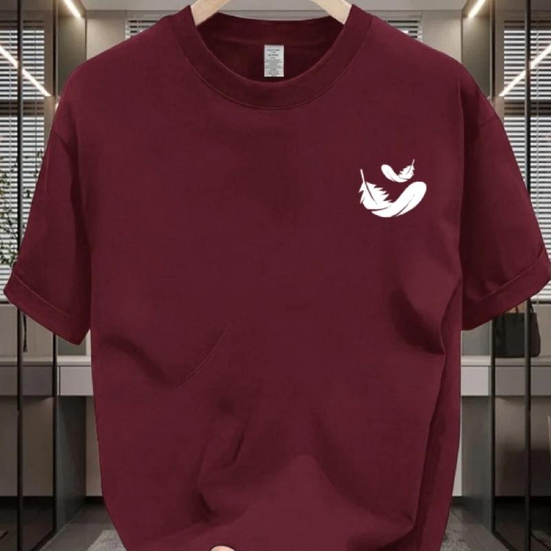 Summer pure cotton men's casual loose fashion two-piece feather print breathable sports short sleeved round neck T-shirt
