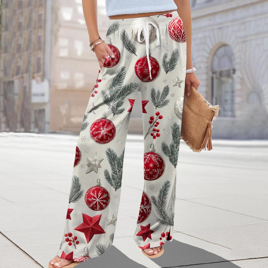 Ladies' Loose And Casual Christmas Printed Wide Leg Pants With Elastic Waistband Drawstring And Pocket Pants