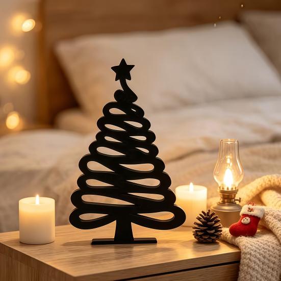 Modern Festive Table Centerpiece 3D Printed Abstract Line Christmas Tree Figurine, Minimalist Xmas Sculpture with Star Entryway Ornament Topper