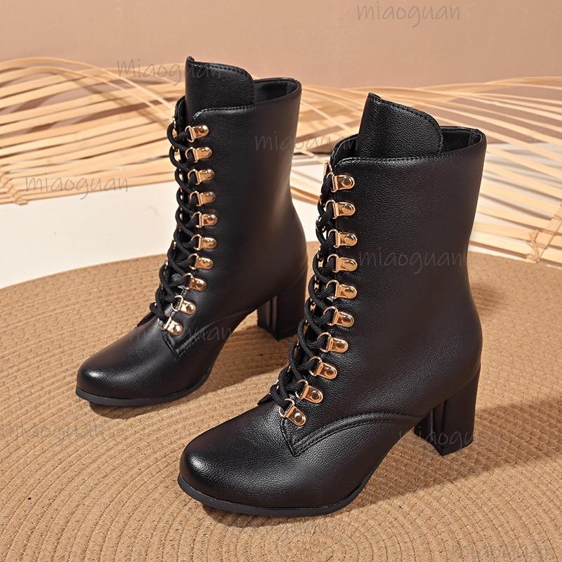 Autumn Winter Plus Size 36-43 Women's High Heel Leather Boots Lace Up Comfortable Ankle Boots for Women Botas Mujer Black Batas