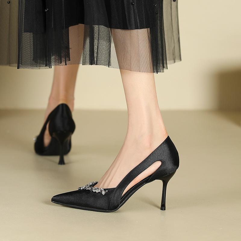 1-Sandale cu toc înalt strasuri gură sexy pentru femei, vârf ascuțit, toc subțire, piele întoarsă, pantofi de damă, genți de mână, sandale cu toc înalt decupate