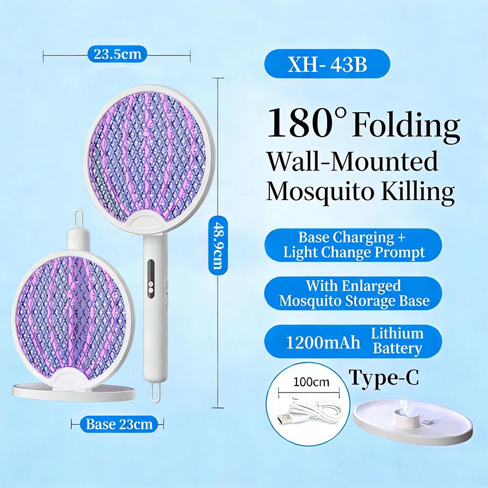 Electric Fly Swatter Foldable Bug Zapper Racket 2 in 1 Mosquito Killer Insect Repellent Light, Portable, Reusable, Lightweight, белый