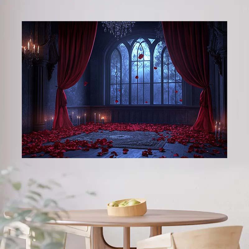 1 romantic Gothic style party background with red roses and candles - suitable for weddings birthdays and themed events