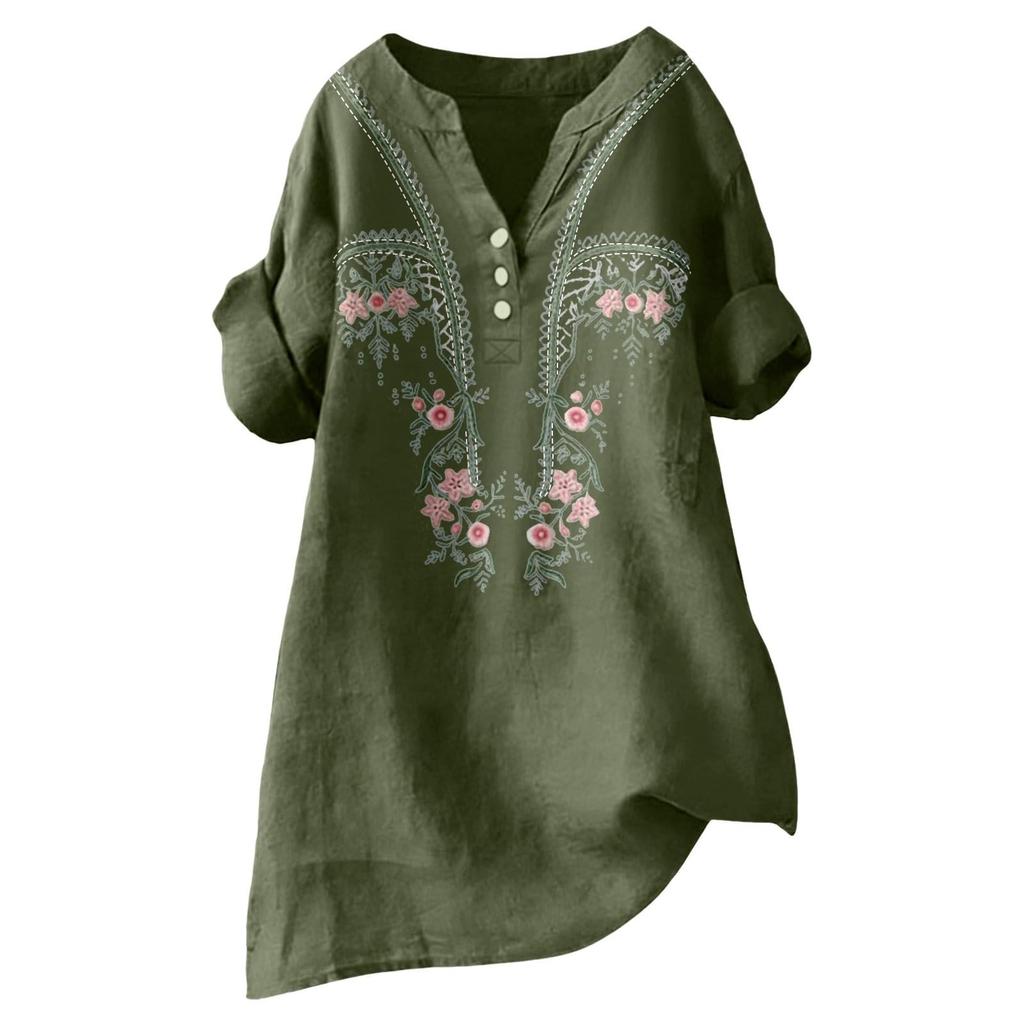 Damen locker geschnittene bestickte Knopfleiste V-Ausschnitt Freizeitbluse Top mit hochkrempelbaren Ärmeln und Blumenmuster für den täglichen Gebrauch