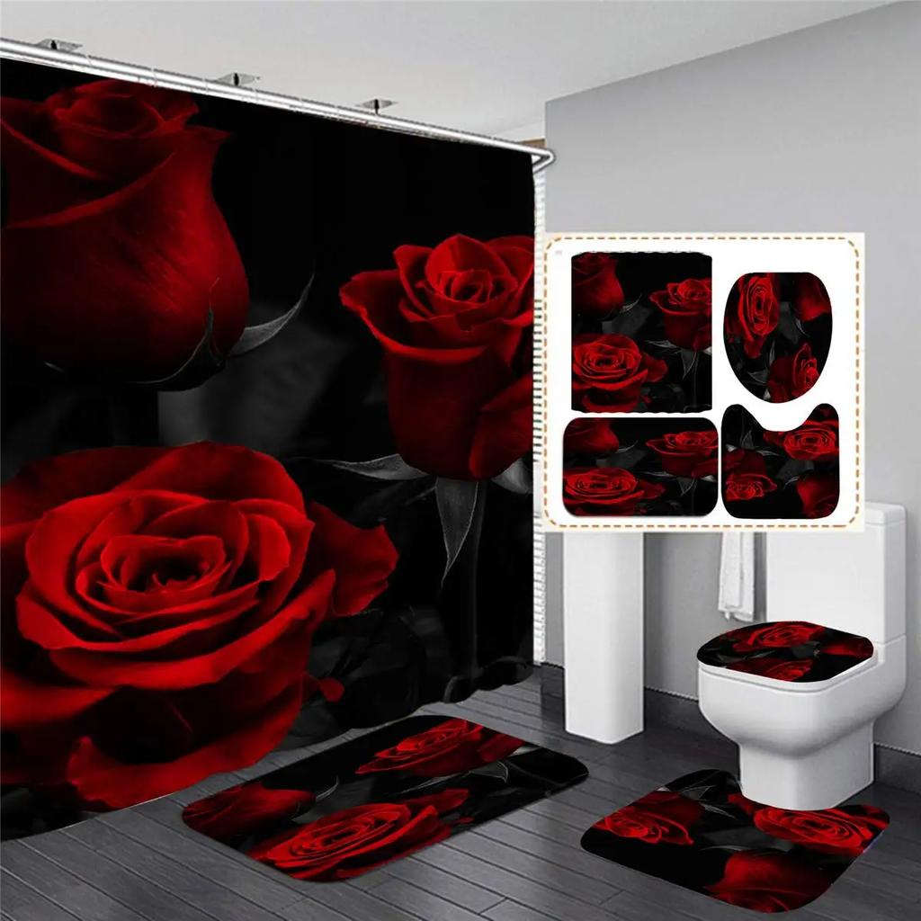 Red Rose Flowers Bathroom Curtains Black Fabric Shower Curtain Set Bath Mats Rugs Toilet Lid Cover Anti-Skid Carpet Home Decor