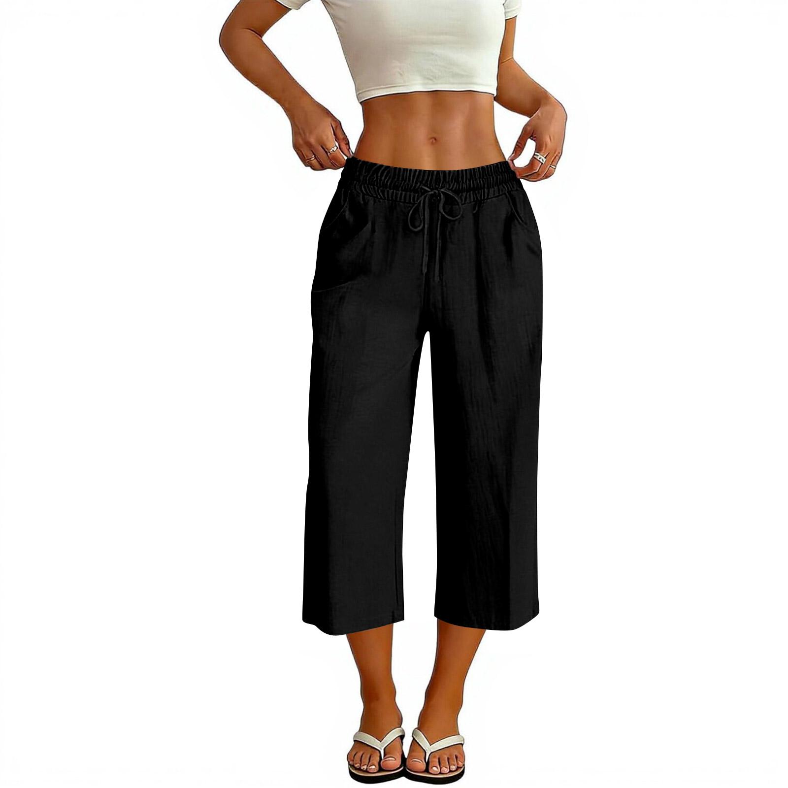 

Women s fashion cotton and linen wide leg cropped pants (no back pocket) XXL чёрный